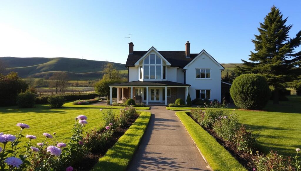 A spacious, elegant house set in a serene countryside environment, surrounded by lush greenery and well-maintained gardens. The foreground features a quaint pathway leading to the entrance, with flowers blooming along the sides. In the middle, the house, a two-story structure with a classic architectural style, showcases large windows reflecting warm sunlight. The background includes rolling hills under a clear blue sky, creating a peaceful atmosphere. Soft, natural lighting highlights the home's inviting exterior. The angle captures the house from a slight elevation, giving a sense of the surrounding landscape. The overall mood is calm and welcoming, emphasizing the connection between the residence and nature.