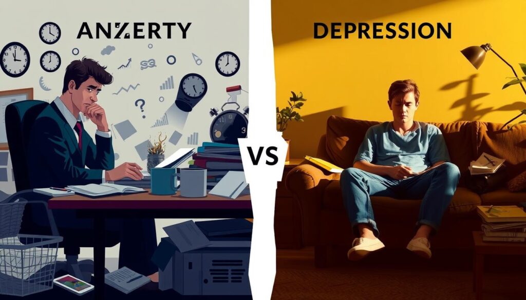 A split-image representation illustrating the differences between anxiety and depression. On the left side, a figure in professional attire sits anxiously at a desk cluttered with papers and an overflowing coffee cup, their brow furrowed in worry, surrounded by chaotic elements symbolizing anxiety, such as ticking clocks and swirling graphs. The lighting is dim and shadowy, creating a tense atmosphere. On the right side, another figure in modest casual clothing lounges on a couch, looking introspective and distant, with soft light casting a warm glow, surrounded by calming elements like books and plants, representing tranquility and introspection. The background subtly blends these themes, with contrasting colors of blues and greens for anxiety, and warm yellows and browns for depression, capturing the essence of mental health struggles. A split-image representation illustrating the differences between anxiety and depression. On the left side, a figure in professional attire sits anxiously at a desk cluttered with papers and an overflowing coffee cup, their brow furrowed in worry, surrounded by chaotic elements symbolizing anxiety, such as ticking clocks and swirling graphs. The lighting is dim and shadowy, creating a tense atmosphere. On the right side, another figure in modest casual clothing lounges on a couch, looking introspective and distant, with soft light casting a warm glow, surrounded by calming elements like books and plants, representing tranquility and introspection. The background subtly blends these themes, with contrasting colors of blues and greens for anxiety, and warm yellows and browns for depression, capturing the essence of mental health struggles.
