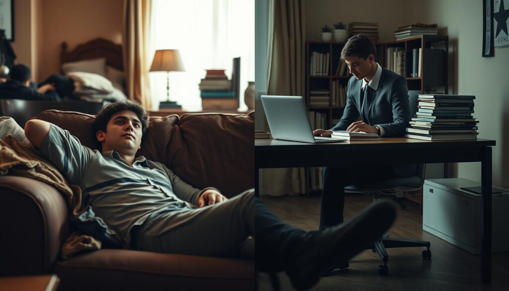 A split-scene image illustrating the contrast between laziness and motivation. In the foreground, a person lounging on a couch in casual clothing, looking disengaged, surrounded by clutter, representing laziness. In the middle, a second figure, wearing smart casual attire, is actively working at a desk filled with books and a laptop, exuding a sense of focus and drive, symbolizing motivation. The background features a warm, inviting room with soft lighting on the motivated individual, while the lazy figure is in shadow, creating a stark contrast. The composition highlights the emotional struggle between the two states, evoking a sense of introspection and clarity. The overall mood balances somberness with hopefulness. A split-scene image illustrating the contrast between laziness and motivation. In the foreground, a person lounging on a couch in casual clothing, looking disengaged, surrounded by clutter, representing laziness. In the middle, a second figure, wearing smart casual attire, is actively working at a desk filled with books and a laptop, exuding a sense of focus and drive, symbolizing motivation. The background features a warm, inviting room with soft lighting on the motivated individual, while the lazy figure is in shadow, creating a stark contrast. The composition highlights the emotional struggle between the two states, evoking a sense of introspection and clarity. The overall mood balances somberness with hopefulness.