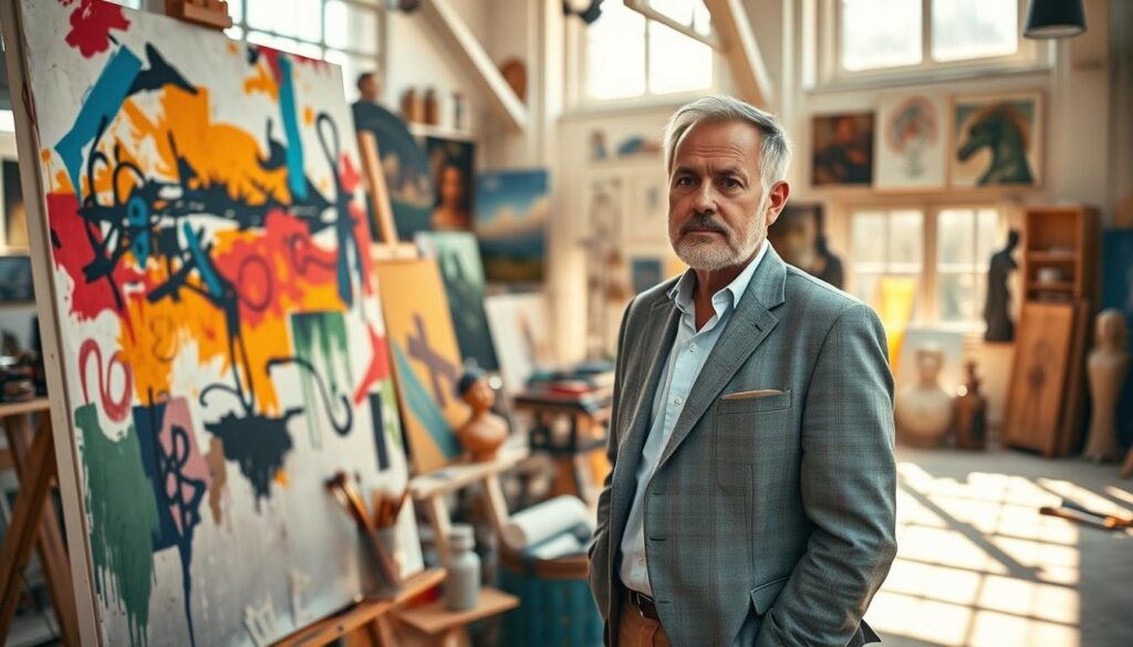 A stylized portrait of Augustyn Pelanowski, the renowned artist, showcasing his artistic achievements. In the foreground, position Pelanowski, dressed in a smart casual outfit, with a thoughtful expression as he stands beside a large, colorful canvas featuring abstract art. The middle ground features art supplies like brushes and paints scattered around, hinting at his creative process. The background reveals a vibrant artist's studio adorned with various completed artworks and sculptures, bathed in warm, natural light streaming through large windows. Use a soft focus to create a dreamlike atmosphere, enhancing the sense of inspiration and artistic passion surrounding Pelanowski. The composition should convey a sense of creativity and achievement in the fields of visual arts. A stylized portrait of Augustyn Pelanowski, the renowned artist, showcasing his artistic achievements. In the foreground, position Pelanowski, dressed in a smart casual outfit, with a thoughtful expression as he stands beside a large, colorful canvas featuring abstract art. The middle ground features art supplies like brushes and paints scattered around, hinting at his creative process. The background reveals a vibrant artist's studio adorned with various completed artworks and sculptures, bathed in warm, natural light streaming through large windows. Use a soft focus to create a dreamlike atmosphere, enhancing the sense of inspiration and artistic passion surrounding Pelanowski. The composition should convey a sense of creativity and achievement in the fields of visual arts.