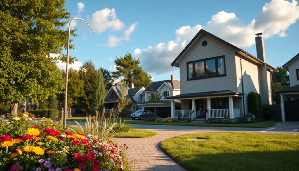 A suburban street view showcasing a charming, residential neighborhood where Dagmara Kaźmierska might live. In the foreground, a well-maintained garden with colorful flowers and a cozy pathway leads to a modern two-story house with large windows and a welcoming porch. In the middle ground, other similar homes hint at a friendly community, surrounded by lush greenery and mature trees. The background features a clear blue sky with soft, fluffy clouds, casting warm natural light over the scene. The mood is peaceful and inviting, suggesting a sense of comfort and home life. Capture this serene atmosphere with a wide-angle lens to emphasize depth and perspective, ensuring no people are present in the image.