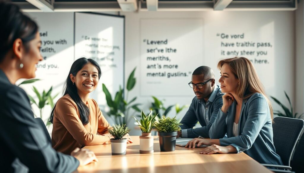 A supportive workplace environment focusing on employees coping with depression. In the foreground, a diverse group of three professionals – a woman of Asian descent, a Black man, and a Caucasian woman – sit around a conference table, engaged in a warm conversation, their expressions reflecting empathy and understanding. In the middle ground, a cozy office space with plants and soft lighting creates a calming atmosphere. The background features motivational quotes on the wall, subtly promoting mental health awareness. Light streams in through large windows, casting soft shadows that enhance the peaceful mood. The camera angle is slightly elevated, capturing the camaraderie and support among colleagues. The overall atmosphere is one of compassion, teamwork, and encouragement, aiming to alleviate the stigma surrounding mental health in the workplace.