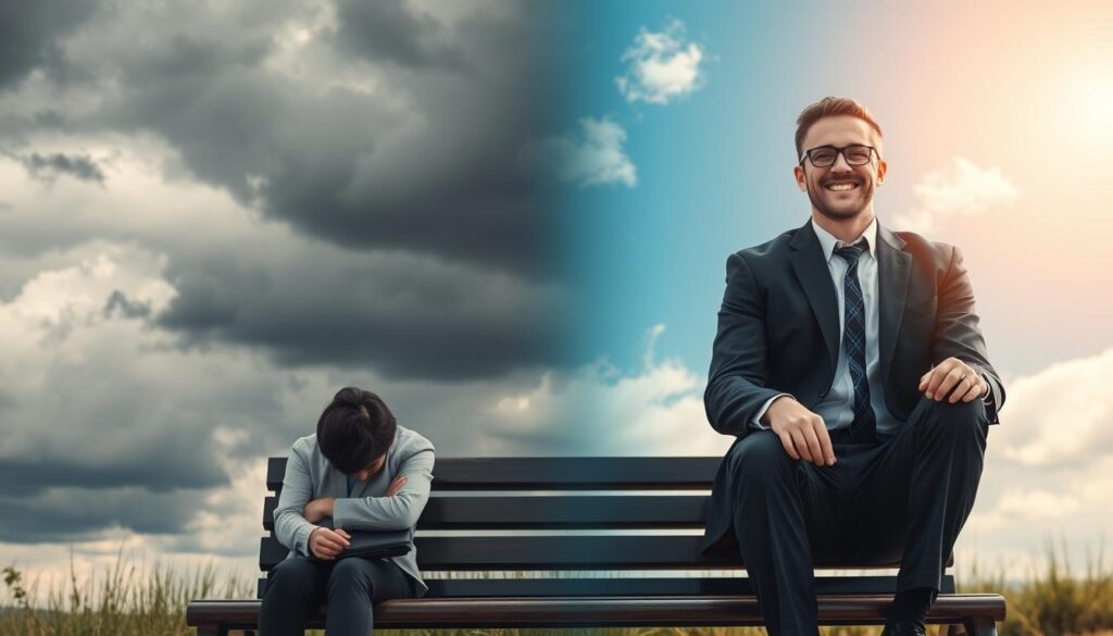A symbolic representation of the phases of bipolar depression, featuring two contrasting figures in the foreground. On the left, a person in professional attire, sitting on a bench, appears despondent, with dark clouds swirling above their head, embodying the symptoms of depression. On the right, the same person, slightly raised above, is smiling and surrounded by bright sunlight, representing manic highs. The background transitions between stormy skies and a bright blue sky, illustrating the emotional shift between the phases. Soft, diffused lighting highlights the contrasting moods, with a slightly blurred focus on the surrounding nature to emphasize the central theme. The overall atmosphere conveys the complexity and duality of bipolar depression without any text or human elements that distract from the focus. A symbolic representation of the phases of bipolar depression, featuring two contrasting figures in the foreground. On the left, a person in professional attire, sitting on a bench, appears despondent, with dark clouds swirling above their head, embodying the symptoms of depression. On the right, the same person, slightly raised above, is smiling and surrounded by bright sunlight, representing manic highs. The background transitions between stormy skies and a bright blue sky, illustrating the emotional shift between the phases. Soft, diffused lighting highlights the contrasting moods, with a slightly blurred focus on the surrounding nature to emphasize the central theme. The overall atmosphere conveys the complexity and duality of bipolar depression without any text or human elements that distract from the focus.