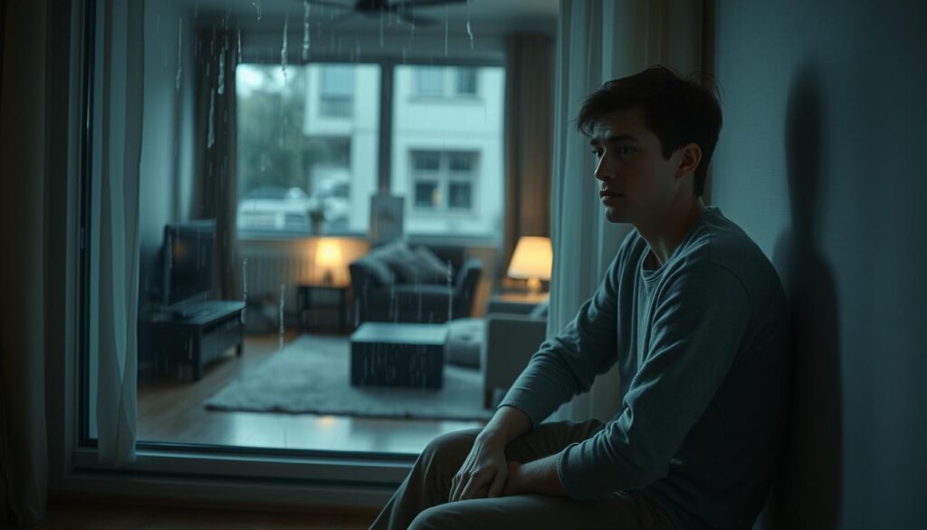 A thoughtful and introspective scene depicting "depresja nerwicowa" in a serene yet somber atmosphere. In the foreground, a person in modest casual clothing sits alone in a softly lit room, gazing out of a window, their expression contemplative. The middle layer features a cozy but slightly disheveled living space, with a few dimly lit lamps and scattered cushions, conveying a sense of discomfort and isolation. In the background, a blurred view of rain streaking the window symbolizes lingering sadness. Use soft, muted colors to evoke a sense of melancholy, with gentle natural light filtering through, creating an intimate and reflective mood. The composition should be at eye level, capturing both the individual’s emotion and the surrounding environment. A thoughtful and introspective scene depicting "depresja nerwicowa" in a serene yet somber atmosphere. In the foreground, a person in modest casual clothing sits alone in a softly lit room, gazing out of a window, their expression contemplative. The middle layer features a cozy but slightly disheveled living space, with a few dimly lit lamps and scattered cushions, conveying a sense of discomfort and isolation. In the background, a blurred view of rain streaking the window symbolizes lingering sadness. Use soft, muted colors to evoke a sense of melancholy, with gentle natural light filtering through, creating an intimate and reflective mood. The composition should be at eye level, capturing both the individual’s emotion and the surrounding environment.