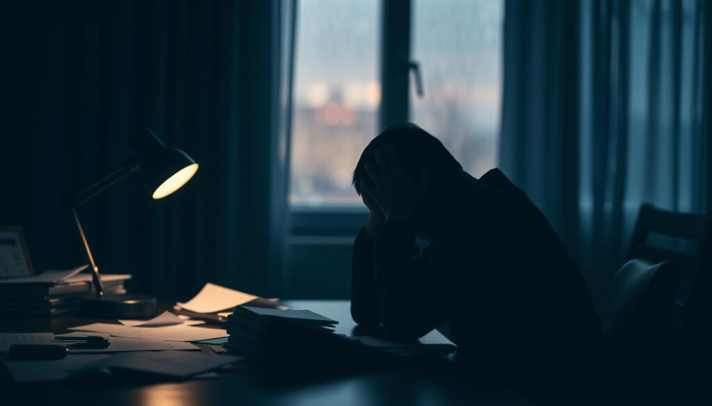 A thoughtful depiction of the causes of depression, featuring a close-up of a human silhouette sitting at a desk with their head in their hands, symbolizing emotional distress. In the foreground, soft, muted colors like deep blues and grays create a somber mood. The middle ground shows scattered papers and a dim desk lamp, adding to the feeling of overwhelming pressure. The background features a blurred window with rain, emphasizing isolation. The lighting is soft but dim, casting gentle shadows that deepen the emotional tone. Use a shallow depth of field to focus on the silhouette, capturing a moment of reflection. The overall atmosphere is one of contemplation and sadness, inviting the viewer to consider the serious nature of depression.