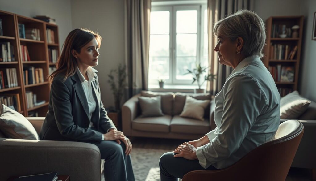 A thoughtful, introspective scene depicting the concept of masked depression diagnostics. In the foreground, a professional therapist, a middle-aged woman in smart casual attire, sits across from a patient who appears calm yet subtly distressed, their expression revealing inner turmoil. The middle ground features a cozy therapy office, with soft, comforting lighting, a plush couch, and bookshelves filled with psychology texts. In the background, a large window allows natural light to filter in, casting gentle shadows. The overall mood should convey empathy and understanding, highlighting the contrast between outward appearance and hidden emotions. The angle is slightly above eye level, providing an intimate glimpse into this therapeutic interaction without any text or distractions. A thoughtful, introspective scene depicting the concept of masked depression diagnostics. In the foreground, a professional therapist, a middle-aged woman in smart casual attire, sits across from a patient who appears calm yet subtly distressed, their expression revealing inner turmoil. The middle ground features a cozy therapy office, with soft, comforting lighting, a plush couch, and bookshelves filled with psychology texts. In the background, a large window allows natural light to filter in, casting gentle shadows. The overall mood should convey empathy and understanding, highlighting the contrast between outward appearance and hidden emotions. The angle is slightly above eye level, providing an intimate glimpse into this therapeutic interaction without any text or distractions.