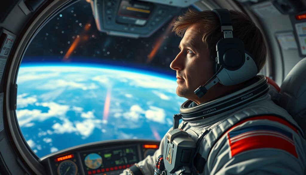 A vibrant depiction of Mirosław Hermaszewski, the first Polish astronaut, in a moment of reflection after his historic space mission. In the foreground, he is dressed in a professional space suit, gazing out towards Earth from a spacecraft window, with the celestial wonders visible outside, including stars and distant galaxies. In the middle ground, the interior of the spacecraft is visible, with control panels and instruments subtly lit by soft, ambient lighting. The background features the curvature of the Earth, showcasing its blue oceans and green landmasses, casting a sense of wonder and pride. The atmosphere is inspiring and contemplative, embodying the significance of Poland's first journey into space. The scene is captured with a cinematic angle, enhancing the emotional impact of this pivotal moment in history.