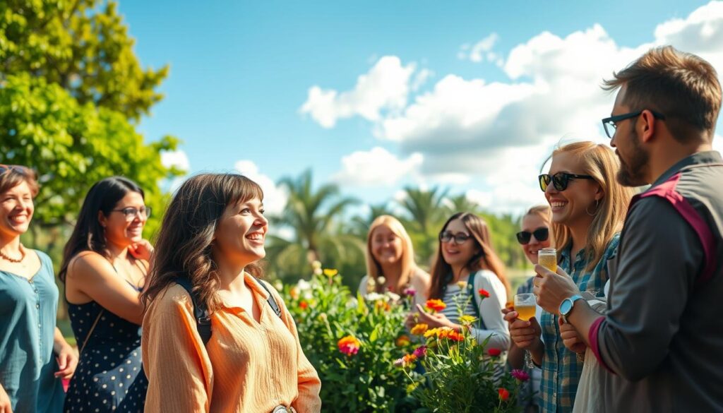 A vibrant outdoor scene featuring Lenka engaging warmly with her fans in a sunny park setting. In the foreground, depict Lenka, a young woman with a cheerful smile wearing a stylish yet modest outfit, as she interacts with a diverse group of enthusiastic fans of various ages. Capture their joyful expressions and excitement as they share their thoughts and love for Lenka. In the middle ground, include lush greenery and colorful flowers, enhancing the friendly atmosphere. The background shows a clear blue sky with soft, fluffy clouds. Use natural lighting to create a bright and inviting feel, and employ a slightly elevated angle to give a panoramic view of this joyful interaction, evoking a sense of community and connection.