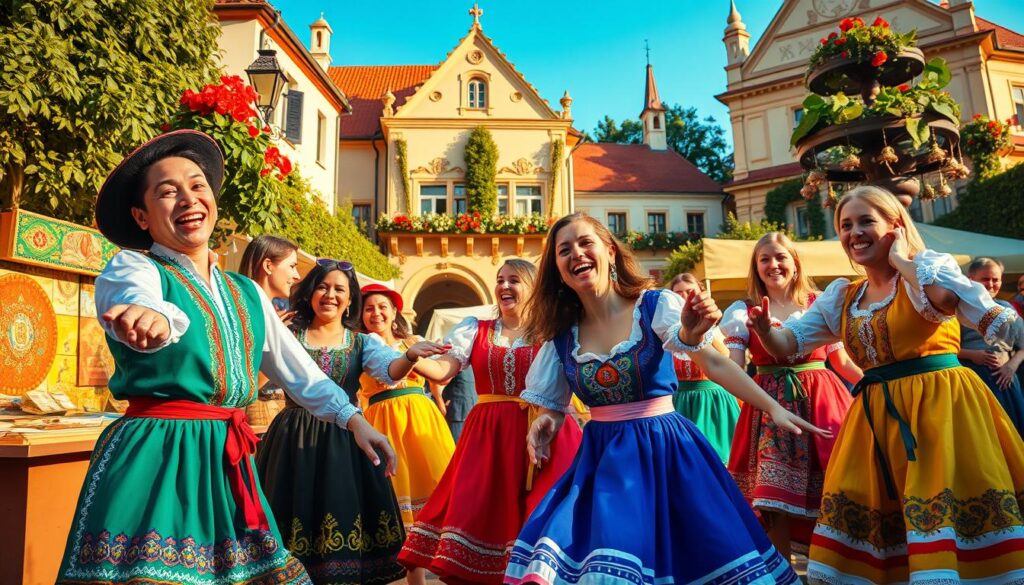 A vibrant scene capturing the "Festiwal Kultury Romskiej" in Ciechocinek. In the foreground, a group of Romani performers in traditional colorful attire dance joyously, showcasing their cultural heritage. Their expressions radiate happiness and passion. In the middle, festival booths are adorned with intricate crafts and artwork, contributing to a lively atmosphere filled with excitement. The background features the picturesque architecture of Ciechocinek, with lush greenery and decorative elements, under a clear blue sky. The lighting is warm and inviting, mimicking a late afternoon glow. This composition conveys a celebratory mood, embodying the spirit of the festival and its cultural significance. Use a slightly low angle to enhance the lively action and engagement.