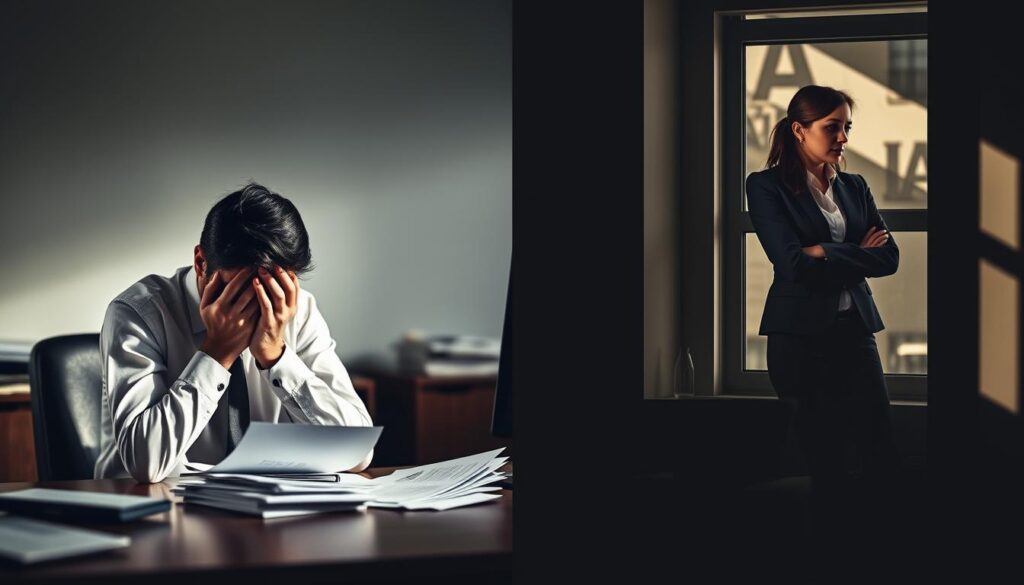 A visual representation of depression symptoms in men and women, featuring a split scene. On the left, a man in modest business attire sits at a desk, head in hands, surrounded by paperwork, reflecting a sense of overwhelm and despair. On the right, a woman in professional attire stands near a window, gazing thoughtfully outside, showcasing contemplation and sadness. The background is a softly lit office space, with muted colors to evoke a somber mood. Sunlight filtering through the window casts gentle shadows, symbolizing the contrast between hope and despair. The overall atmosphere is one of introspection, highlighting the internal struggle of depression, while maintaining a respectful and professional tone.