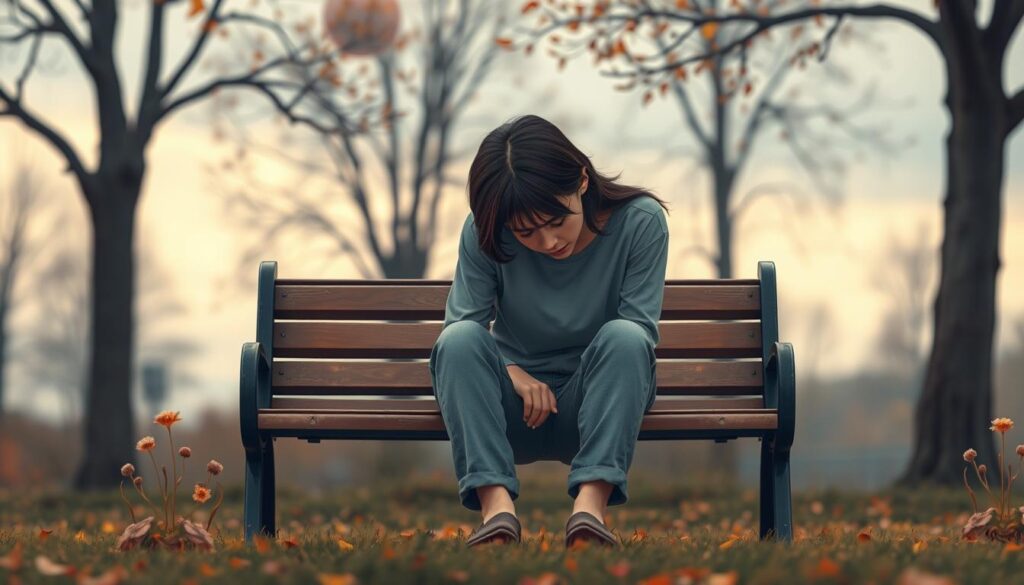 A visually compelling illustration of physical signs of depression, featuring a person seated alone on a park bench in a serene yet somber outdoor setting. The foreground shows the individual, wearing modest casual clothing, with slumped shoulders and a downcast expression, symbolizing fatigue and emotional weight. In the middle ground, subtle elements like wilted flowers and scattered autumn leaves enhance the melancholic mood. The background includes softly blurred trees and a cloudy sky, creating a sense of isolation. Use warm, muted lighting to evoke a sense of calmness about personal struggles, capturing the heaviness of the moment. The angle should be slightly tilted, emphasizing the feeling of imbalance.