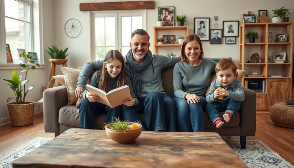 A warm and inviting family scene featuring the Bardowscy family, composed of four members: a father and mother in smart casual clothing, a teenage daughter reading a book, and a young son playing with a toy. They are gathered in a cozy living room, with a rustic wooden coffee table and a large window letting in soft natural light. In the background, shelves filled with family photos and plants create a homely atmosphere. The colors are warm and earthy, enhancing the serene environment. The camera angle captures the family from a slightly elevated perspective, providing a sense of togetherness. The overall mood is cheerful and familial, reflecting their close-knit bond. A warm and inviting family scene featuring the Bardowscy family, composed of four members: a father and mother in smart casual clothing, a teenage daughter reading a book, and a young son playing with a toy. They are gathered in a cozy living room, with a rustic wooden coffee table and a large window letting in soft natural light. In the background, shelves filled with family photos and plants create a homely atmosphere. The colors are warm and earthy, enhancing the serene environment. The camera angle captures the family from a slightly elevated perspective, providing a sense of togetherness. The overall mood is cheerful and familial, reflecting their close-knit bond.
