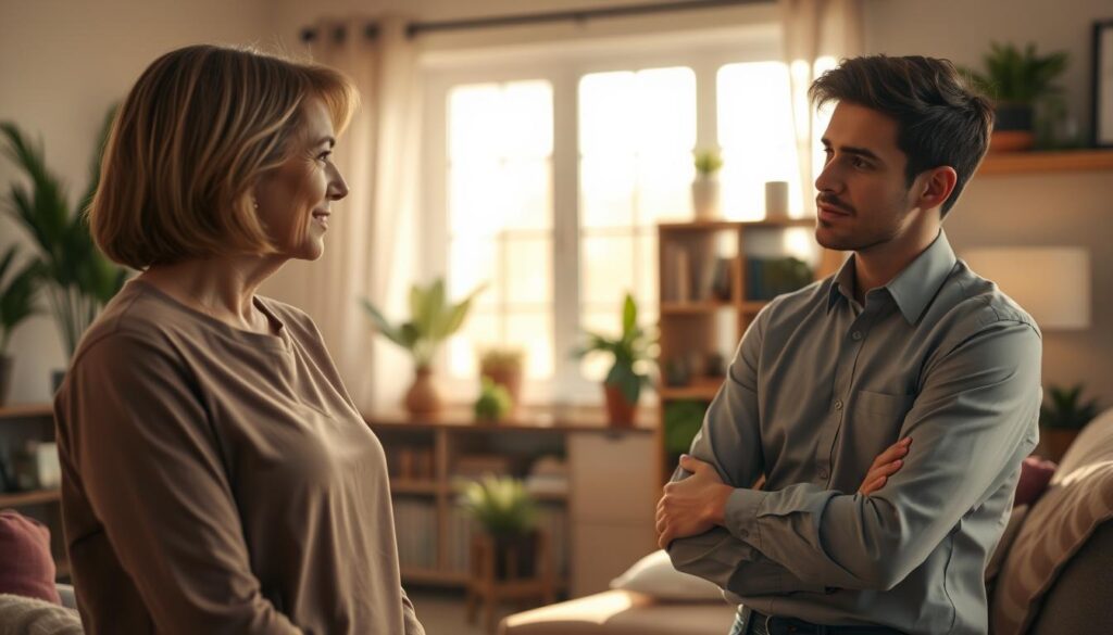 A warm and inviting scene depicting two individuals engaged in a comforting conversation. In the foreground, a middle-aged woman in modest casual clothing, with a gentle expression, leans slightly forward, listening intently. Opposite her, a young man in a professional business shirt, showing vulnerability, shares his feelings. The background features a cozy, softly lit living room with warm tones, plants, and inviting decor, enhancing the comforting atmosphere. Soft sunlight filters through a window, casting gentle shadows, creating a sense of intimacy and safety. The overall mood is supportive and understanding, emphasizing the importance of compassionate communication in difficult times. A warm and inviting scene depicting two individuals engaged in a comforting conversation. In the foreground, a middle-aged woman in modest casual clothing, with a gentle expression, leans slightly forward, listening intently. Opposite her, a young man in a professional business shirt, showing vulnerability, shares his feelings. The background features a cozy, softly lit living room with warm tones, plants, and inviting decor, enhancing the comforting atmosphere. Soft sunlight filters through a window, casting gentle shadows, creating a sense of intimacy and safety. The overall mood is supportive and understanding, emphasizing the importance of compassionate communication in difficult times.