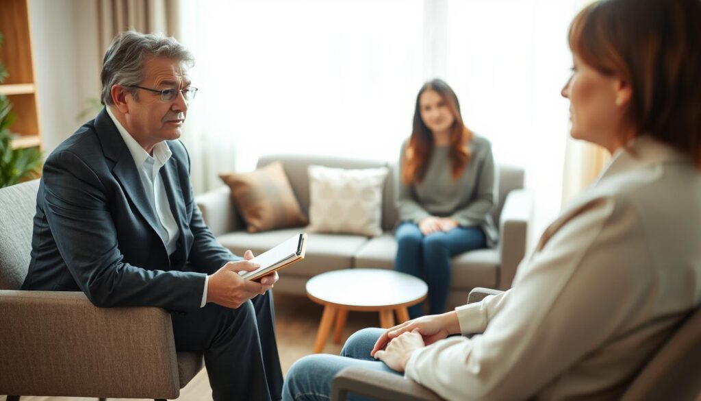 A warm and inviting therapist's office, focusing on the delicate process of depression diagnosis. In the foreground, a compassionate therapist in professional business attire is seated across from a patient, who appears contemplative and vulnerable, dressed in modest casual clothing. The therapist, a middle-aged person with a gentle expression, holds a notepad and pen, actively listening. In the middle, a cozy sofa and a small coffee table with a comforting ambience. In the background, soft, diffused natural light streams through a window, casting gentle shadows, creating a serene atmosphere. The color palette is warm and calming, suggesting a safe space for reflection and understanding. This image should evoke a sense of trust and emotional support. A warm and inviting therapist's office, focusing on the delicate process of depression diagnosis. In the foreground, a compassionate therapist in professional business attire is seated across from a patient, who appears contemplative and vulnerable, dressed in modest casual clothing. The therapist, a middle-aged person with a gentle expression, holds a notepad and pen, actively listening. In the middle, a cozy sofa and a small coffee table with a comforting ambience. In the background, soft, diffused natural light streams through a window, casting gentle shadows, creating a serene atmosphere. The color palette is warm and calming, suggesting a safe space for reflection and understanding. This image should evoke a sense of trust and emotional support.
