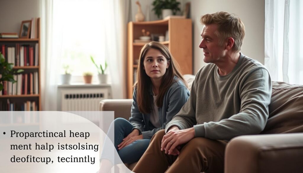 A warm and supportive scene depicting a teenager sitting on a cozy couch in a softly lit room, with a concerned but compassionate adult sitting beside them. The foreground shows the teenager, appearing contemplative yet open, dressed in casual, modest clothing. The adult, also in comfortable attire, is gently engaging with the teenager, offering encouragement and empathy. In the middle ground, a bookshelf filled with books and a few plants adds a touch of warmth to the environment. The background includes soft, diffuse lighting creating an inviting atmosphere, perhaps a window showing a serene outdoor view with gentle sunlight filtering in. The overall mood is one of safety, understanding, and emotional support, capturing the essence of practical guidance for helping a teenager through difficult times. A warm and supportive scene depicting a teenager sitting on a cozy couch in a softly lit room, with a concerned but compassionate adult sitting beside them. The foreground shows the teenager, appearing contemplative yet open, dressed in casual, modest clothing. The adult, also in comfortable attire, is gently engaging with the teenager, offering encouragement and empathy. In the middle ground, a bookshelf filled with books and a few plants adds a touch of warmth to the environment. The background includes soft, diffuse lighting creating an inviting atmosphere, perhaps a window showing a serene outdoor view with gentle sunlight filtering in. The overall mood is one of safety, understanding, and emotional support, capturing the essence of practical guidance for helping a teenager through difficult times.