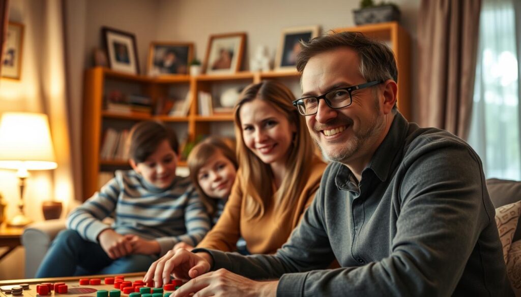 A warm familial scene depicting Mirosław Hermaszewski with his family in their cozy home, showcasing a sense of togetherness. In the foreground, a smiling Mirosław, dressed in smart casual attire, sits with his spouse and two children, all engaged in a delightful activity like playing a board game. In the background, the interior of their home is visible, with personal touches like family photos, bookshelves, and soft lighting emanating from a nearby lamp. The atmosphere is inviting and nostalgic, with warm hues casting a gentle glow, enhancing the loving bond among the family members. The composition captures the joy of family life, emphasizing the importance of personal connections in Mirosław's life as a renowned astronaut.