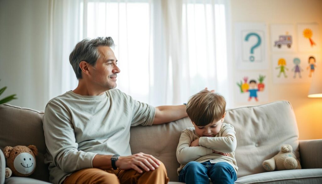 A warm, inviting scene depicting a compassionate adult, dressed in modest casual clothing, sitting on a comfortable couch with a young child who appears contemplative and slightly withdrawn. The adult is showing a gentle, encouraging expression while extending a hand towards the child, symbolizing support and understanding. In the background, soft, ambient lighting filters through a window adorned with sheer curtains, illuminating colorful children's drawings on the walls that denote positivity and creativity. A cozy atmosphere is enhanced by a few plush toys scattered around, suggesting a safe space for emotional expression. The focus is on the connection between the adult and the child, emphasizing the importance of support in overcoming depression, capturing a mood of hope and warmth.