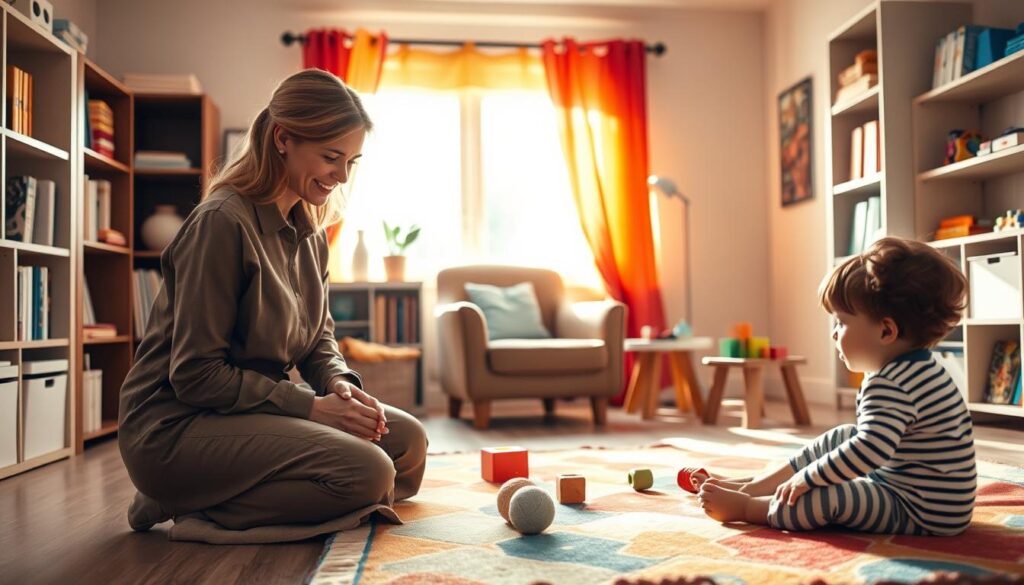 A warm, inviting therapy room designed for children struggling with depression. In the foreground, a gentle child psychologist, a woman dressed in a modest, professional outfit, kneels beside a colorful play mat, engaging a young child with a thoughtful expression, playing with soft, comforting toys. In the middle ground, shelves filled with books and art supplies create a nurturing atmosphere, while a cozy armchair and a small table with building blocks are arranged for engaging activities. The background features warm, soft natural light streaming through a window adorned with cheerful, colorful curtains, casting a soothing glow throughout the room. The overall mood is caring and supportive, emphasizing safety and emotional connection.