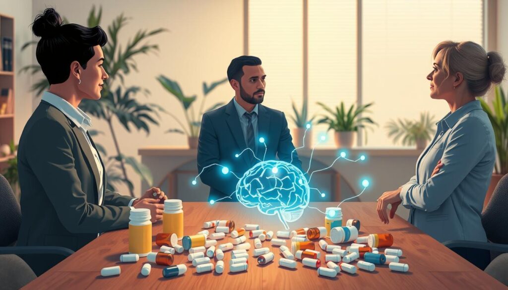 An illustration conveying the effectiveness of antidepressant medications. In the foreground, a diverse group of three professionals in smart casual attire, depicting a balanced discussion around mental health, with expressions of hope and understanding. In the middle ground, a table strewn with various antidepressant pill bottles and a visual representation of brain activity, symbolizing neural pathways illuminated by soft blue and green lights, indicating positive effects. The background features a calm, serene office environment with plants and warm lighting, creating a supportive atmosphere. The image should evoke a sense of optimism and resilience, capturing the transformative impact of antidepressants on mental well-being, shot from a slight high angle for a comprehensive view. An illustration conveying the effectiveness of antidepressant medications. In the foreground, a diverse group of three professionals in smart casual attire, depicting a balanced discussion around mental health, with expressions of hope and understanding. In the middle ground, a table strewn with various antidepressant pill bottles and a visual representation of brain activity, symbolizing neural pathways illuminated by soft blue and green lights, indicating positive effects. The background features a calm, serene office environment with plants and warm lighting, creating a supportive atmosphere. The image should evoke a sense of optimism and resilience, capturing the transformative impact of antidepressants on mental well-being, shot from a slight high angle for a comprehensive view.