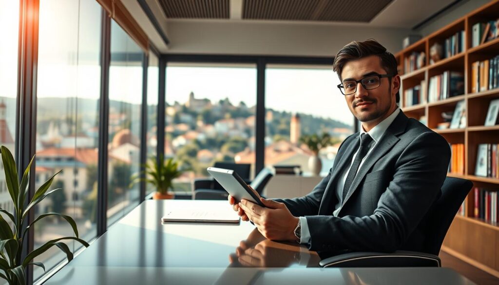 An interior scene of a modern office setting, showcasing "wywiady palion" in a professional atmosphere. In the foreground, a confident individual in smart business attire sits at a sleek desk, engaging with a digital tablet, their expression curious and focused. In the middle, a large window reveals a vibrant view of a picturesque village, hinting at Palion's unique location. The background features shelves lined with books about local culture and landmarks, adding depth and context to the setting. The lighting is soft and warm, created by afternoon sunlight streaming through the window, evoking a sense of discovery and exploration. The overall mood is inviting and inquisitive, reflecting the essence of the interviews about Palion's intriguing locale.