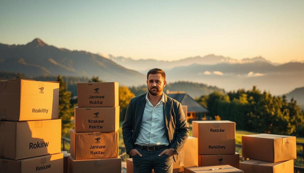 Jan Maria Rokita stands in the foreground, surrounded by moving boxes labeled with his name, depicting a transition from his old life in Kraków to a new one in Bieszczady. He is dressed in a smart casual outfit, with a thoughtful expression as he gazes at a picturesque mountain landscape in the background. The scene is set during golden hour, with warm, soft lighting casting gentle shadows that create a serene atmosphere. In the middle ground, a small, cozy house with wooden beams and a surrounding lush garden represents his new home. The distant mountains rise majestically, partially veiled in soft mist, evoking a sense of peace and new beginnings. The composition balances realism with a tranquil ambiance, illustrating the theme of relocation.