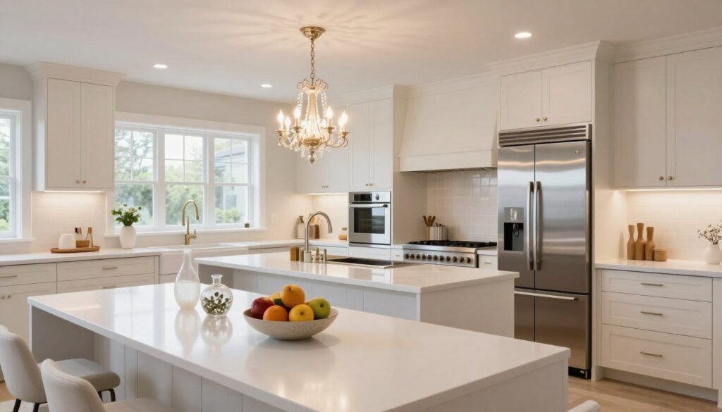 A beautifully designed modern kitchen featuring a predominantly white color scheme. In the foreground, a sleek white countertop adorned with elegant kitchenware, including a stylish fruit bowl and decorative vases. The middle ground showcases a large, gleaming white island with barstools, surrounded by high-end appliances, such as a stainless steel refrigerator and a double oven. A stunning chandelier with intricate details hangs from the ceiling, casting a warm glow across the space. In the background, large windows let in natural light, illuminating light-colored cabinetry and a subtle backsplash. The atmosphere is cozy yet sophisticated, perfect for family gatherings and entertaining guests. The lighting is soft and inviting, creating a welcoming environment.