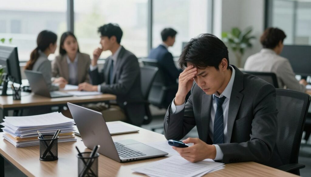 A bustling office environment depicting the theme of workplace stress and its link to diabetes risk. In the foreground, a professional individual in business attire, showing signs of stress, is sitting at a cluttered desk surrounded by paperwork and a laptop. Their expression reflects anxiety as they glance at a blood glucose monitoring device. In the middle ground, colleagues interact in muted, busy conversations, adding to the overall atmosphere of tension. The background features large windows allowing natural light to filter in, casting soft shadows that create a sense of urgency. The mood is serious yet reflective, emphasizing the impact of stress on health. The lighting is bright yet slightly dimmed to enhance the feeling of work pressure. The photo is captured from a slightly elevated angle to include the surroundings. A bustling office environment depicting the theme of workplace stress and its link to diabetes risk. In the foreground, a professional individual in business attire, showing signs of stress, is sitting at a cluttered desk surrounded by paperwork and a laptop. Their expression reflects anxiety as they glance at a blood glucose monitoring device. In the middle ground, colleagues interact in muted, busy conversations, adding to the overall atmosphere of tension. The background features large windows allowing natural light to filter in, casting soft shadows that create a sense of urgency. The mood is serious yet reflective, emphasizing the impact of stress on health. The lighting is bright yet slightly dimmed to enhance the feeling of work pressure. The photo is captured from a slightly elevated angle to include the surroundings.