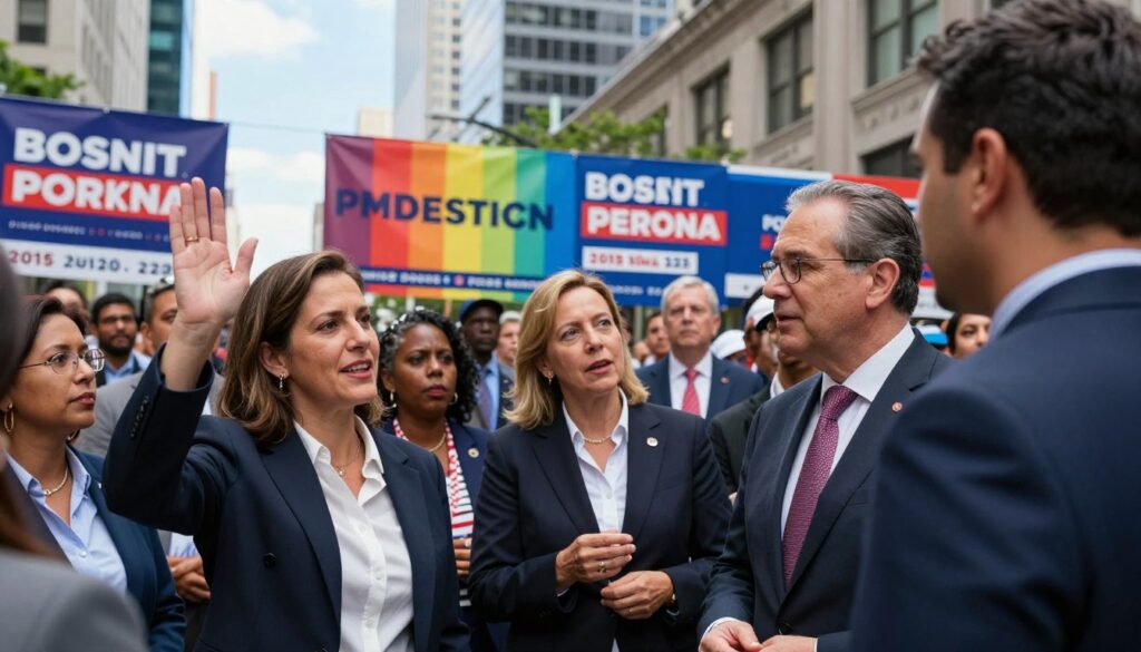 A bustling urban scene during an election campaign, showcasing a diverse group of politicians and supporters engaged in animated discussions. In the foreground, a woman in professional business attire raises her hand for emphasis, while a man in a suit listens intently. The middle ground features campaign banners and posters reflecting various political parties, colorful and visually striking. In the background, a cityscape with modern buildings and a clear blue sky adds depth. The atmosphere is lively and democratic, with soft, natural lighting illuminating the faces of the individuals. The overall mood conveys excitement and engagement in public debate, emphasizing the importance of elections from 2015 to 2025. A bustling urban scene during an election campaign, showcasing a diverse group of politicians and supporters engaged in animated discussions. In the foreground, a woman in professional business attire raises her hand for emphasis, while a man in a suit listens intently. The middle ground features campaign banners and posters reflecting various political parties, colorful and visually striking. In the background, a cityscape with modern buildings and a clear blue sky adds depth. The atmosphere is lively and democratic, with soft, natural lighting illuminating the faces of the individuals. The overall mood conveys excitement and engagement in public debate, emphasizing the importance of elections from 2015 to 2025.