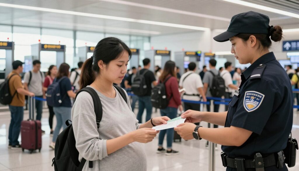 A busy airport security checkpoint, showcasing a pregnant woman in modest casual clothing presenting her boarding pass and ID to a security officer in professional attire. In the foreground, the woman is focused and serene, while the officer attentively assists her. In the middle ground, various travelers wait in line, some with luggage, creating a sense of a bustling environment. The background features airport security scanners and signage, with bright, overhead fluorescent lighting illuminating the scene, casting soft shadows. The overall mood is organized yet slightly tense, capturing the essence of airport procedures and the unique considerations for expectant mothers. The angle is slightly elevated, providing a clear view of the entire scene without any text or distractions.