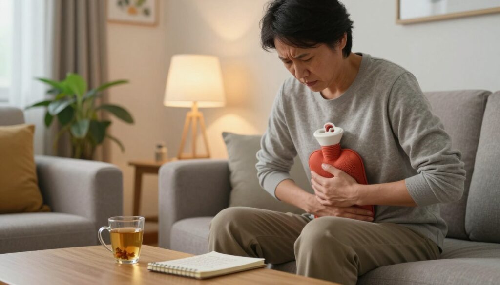 A calm and informative scene depicting a cozy living room where a person is experiencing a gallbladder attack. In the foreground, a middle-aged individual is sitting on a sofa, dressed in modest casual clothing, holding their abdomen while looking concerned yet composed. On a nearby coffee table, there is a glass of warm herbal tea, a hot water bottle, and a small notebook with written coping strategies. In the middle ground, a softly lit lamp casts a warm glow, enhancing the comforting atmosphere. The background features a peaceful setting with houseplants and calming artwork on the walls. The lighting is soft and inviting, creating a reassuring mood that emphasizes comfort and practicality during discomfort. A calm and informative scene depicting a cozy living room where a person is experiencing a gallbladder attack. In the foreground, a middle-aged individual is sitting on a sofa, dressed in modest casual clothing, holding their abdomen while looking concerned yet composed. On a nearby coffee table, there is a glass of warm herbal tea, a hot water bottle, and a small notebook with written coping strategies. In the middle ground, a softly lit lamp casts a warm glow, enhancing the comforting atmosphere. The background features a peaceful setting with houseplants and calming artwork on the walls. The lighting is soft and inviting, creating a reassuring mood that emphasizes comfort and practicality during discomfort.