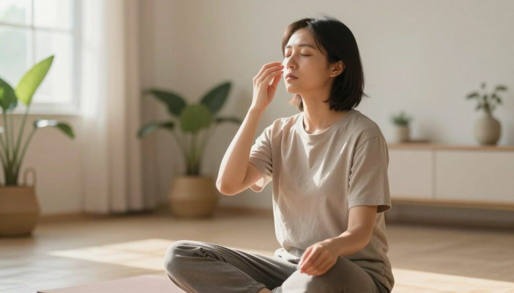 A calm and serene scene depicting an individual practicing mouth breathing exercises in a tranquil environment. The foreground features a focused person in moderate casual attire, sitting cross-legged on a soft mat, eyes closed, demonstrating proper breathing techniques. The middle ground includes soft, natural elements like plants and gentle sunlight filtering through a window, creating a warm glow. In the background, a minimalist space with neutral-colored walls and subtle decor reinforces a peaceful atmosphere. The lighting is soft and diffused, enhancing the soothing mood of the composition. Capture the essence of relaxation and mindfulness, emphasizing clarity and poise during the breathing practice, without any distractions or text elements.