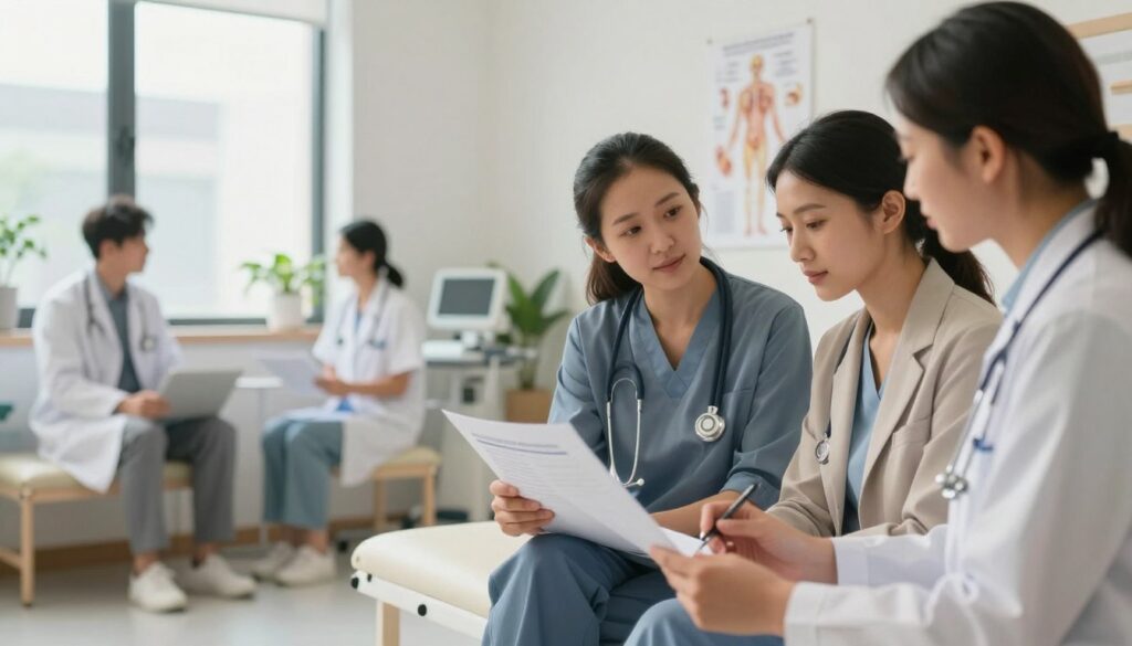 A calming and professional healthcare setting focusing on the theme of specialized support and treatment based on individual causes. In the foreground, portray a diverse group of healthcare professionals in smart business attire examining medical documents and discussing strategies with empathy and concern. In the middle ground, visualize a well-lit consultation room with modern medical equipment, anatomical charts, and a peaceful ambiance. The background should feature a large window allowing soft, natural light to illuminate the space, with green plants adding freshness. The mood should be supportive and reassuring, emphasizing collaboration and understanding in healthcare. Utilize a slight depth of field to draw attention to the professionals, creating a warm and inviting atmosphere that promotes healing and wellness.