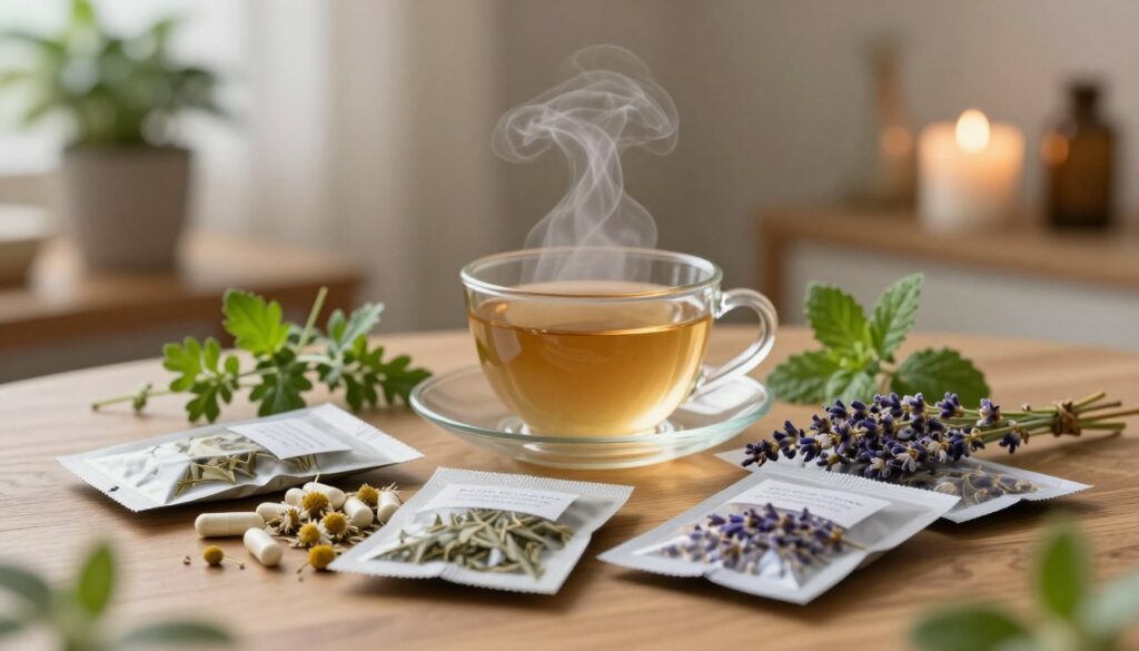 A calming still life composition featuring an arrangement of natural stress-relief elements. In the foreground, a wooden table holds an array of herbal supplements and calming teas, such as chamomile and lavender, each in elegant packaging. The middle ground showcases a gently steaming cup of tea, surrounded by fresh herbs and soft green leaves, evoking tranquility. In the background, a softly lit room with a cozy ambiance includes a potted plant and a soothing candle, casting a warm glow. The lighting is soft and diffused, creating a serene mood. Shot with a slight depth of field to emphasize the foreground elements while gently blurring the background, this image conveys a sense of relaxation and well-being.