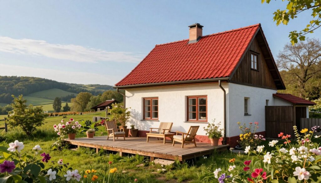 A charming countryside house near Warsaw, surrounded by lush greenery and vibrant, blooming flowers. The foreground features a rustic wooden porch with cozy chairs, inviting relaxation. In the middle, the house itself is a blend of traditional Polish architecture with a red-tiled roof and white walls, complete with large windows allowing natural light to pour in. The background showcases a serene landscape of rolling hills and distant trees under a clear blue sky. The lighting is warm and soft, evoking a peaceful afternoon mood. Captured with a slightly angled perspective, giving depth to the scene. Ideal for illustrating a tranquil home setting in a rural environment.
