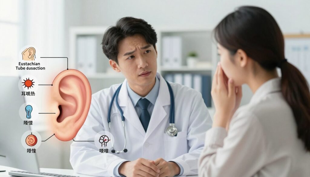 A clear and informative illustration focusing on the topic of ear blockage, depicting various causes. In the foreground, show an anatomical diagram of a human ear with labels for eustachian tube dysfunction, earwax buildup, and issues related to allergies, along with relevant icons. In the middle ground, include a calm doctor examining a patient who appears concerned, dressed in professional business attire, symbolizing the importance of seeking medical advice. In the background, create a soft-focus depiction of an office or clinic setting to convey a professional atmosphere. Use bright yet gentle lighting to emphasize a sense of reassurance and clarity. The overall mood should be informative and insightful, emphasizing health and wellness.