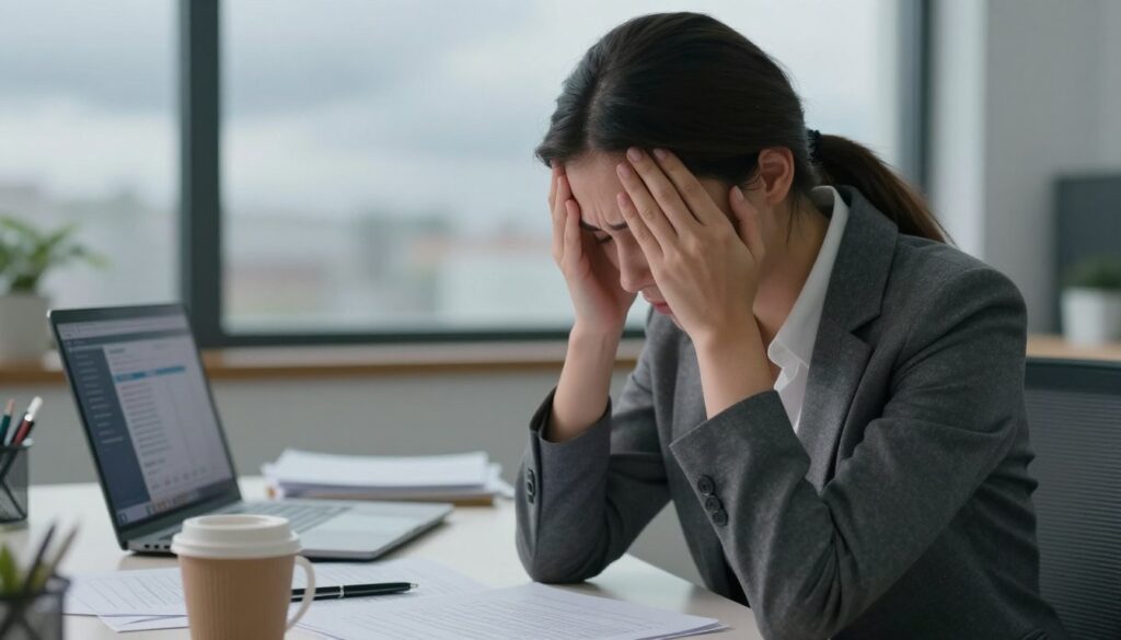 A close-up composition depicting the symptoms of stress in a professional office setting. In the foreground, a young professional woman, dressed in business attire, sits at a desk with her head in her hands, illustrating emotional burden. Her expression reflects anxiety and fatigue. In the middle ground, papers are scattered, a laptop shows a busy screen, and a coffee cup is overturned, symbolizing chaos. The background features a window with gloomy, cloudy weather outside, casting soft, diffused light across the scene, emphasizing the somber mood. The overall atmosphere conveys a sense of overwhelming pressure, highlighting both psychological and physical signs of stress.