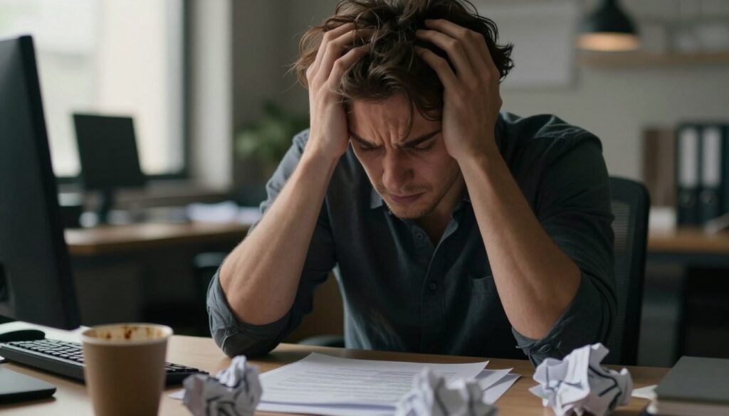 A close-up composition showcases a stressed individual seated at a cluttered desk, their expression reflective of anxiety and tension. The foreground reveals crumpled papers and a half-empty coffee cup, symbolizing overwhelm. In the middle, the individual's hands are gripping their hair lightly, demonstrating the physical manifestation of stress. The background displays an office setting with dim lighting, suggesting a sense of isolation. Soft, warm light filters through a window, casting gentle shadows that add depth and tension to the scene. The atmosphere is urgent yet subdued, capturing the essence of stress and its effects on the mind. This poignant visual is intended to evoke empathy and awareness. A close-up composition showcases a stressed individual seated at a cluttered desk, their expression reflective of anxiety and tension. The foreground reveals crumpled papers and a half-empty coffee cup, symbolizing overwhelm. In the middle, the individual's hands are gripping their hair lightly, demonstrating the physical manifestation of stress. The background displays an office setting with dim lighting, suggesting a sense of isolation. Soft, warm light filters through a window, casting gentle shadows that add depth and tension to the scene. The atmosphere is urgent yet subdued, capturing the essence of stress and its effects on the mind. This poignant visual is intended to evoke empathy and awareness.