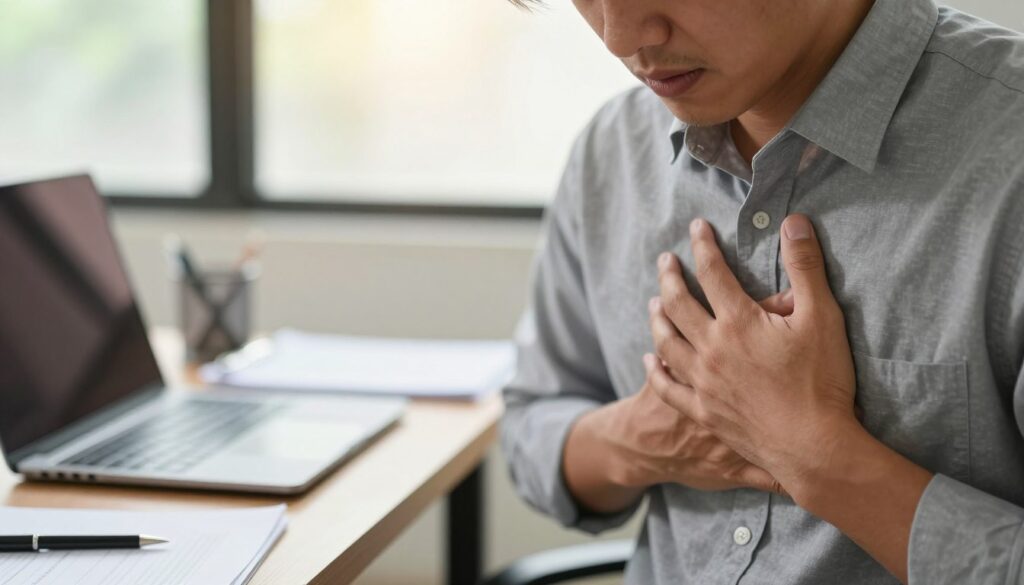 A close-up depiction of a person experiencing chest pain, seated in a professional office environment. The individual, dressed in modest business attire, is holding their chest with a concerned expression. The foreground features their hand gently pressing against their shirt, symbolizing discomfort. In the middle, a desk with a laptop and medical documents is slightly blurred, indicating an environment related to stress and health. The background reveals a calming office setting with soft natural light filtering through a window, creating a serene atmosphere. The overall mood conveys a sense of anxiety, emphasizing the impact of stress on one’s physical state. Use a warm color palette to evoke empathy and understanding.
