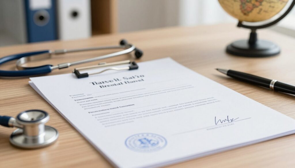 A close-up image of a doctor's certificate for travel, prominently featuring an official stamp and signature. The foreground includes a neatly folded document on a wooden desk, surrounded by a stethoscope and a pen, emphasizing professionalism. In the middle, soft natural light illuminates the certificate, highlighting the elegant typography and design elements. The background is slightly blurred, showcasing a well-organized office environment with medical books and a globe, symbolizing travel. The overall atmosphere is calm and reassuring, conveying the importance of medical clearance for pregnant travelers. The image should focus on clarity and detail, with a warm tone that reflects professionalism and trust.
