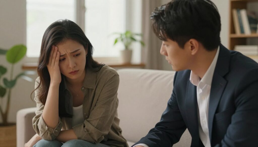 A close-up image of two individuals sitting across from each other in a cozy, warmly-lit room. One person, dressed in professional business attire, shows a contemplative expression, reflecting feelings of sadness and self-doubt. The other individual, wearing modest casual clothing, looks empathetic but concerned, leaning forward slightly in engaged listening. In the background, soft, diffused light filters through a window, creating a serene atmosphere. The room is adorned with plants and books, symbolizing connection and warmth. The overall mood is introspective and emotionally charged, illustrating the complexity of relationships affected by narcissistic depression, emphasizing the closeness and tension in their dynamic. A close-up image of two individuals sitting across from each other in a cozy, warmly-lit room. One person, dressed in professional business attire, shows a contemplative expression, reflecting feelings of sadness and self-doubt. The other individual, wearing modest casual clothing, looks empathetic but concerned, leaning forward slightly in engaged listening. In the background, soft, diffused light filters through a window, creating a serene atmosphere. The room is adorned with plants and books, symbolizing connection and warmth. The overall mood is introspective and emotionally charged, illustrating the complexity of relationships affected by narcissistic depression, emphasizing the closeness and tension in their dynamic.