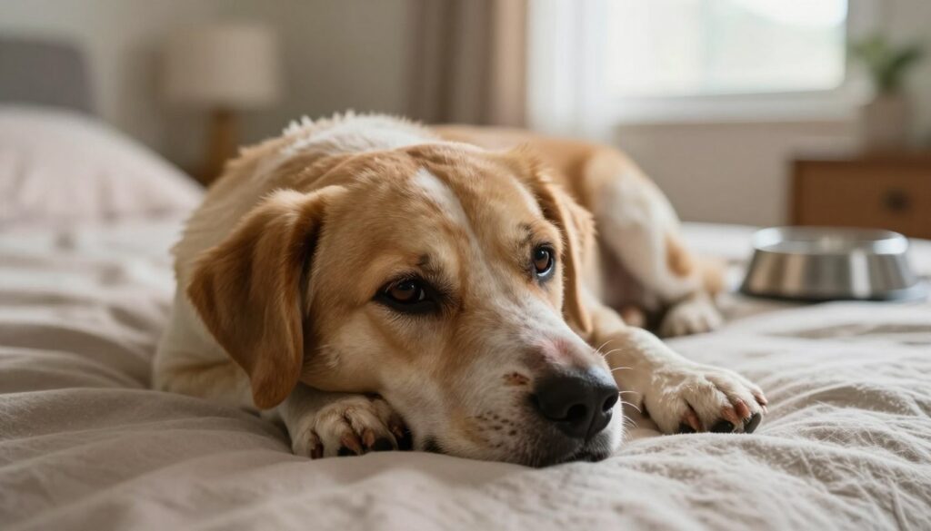 A close-up of a distressed dog lying on a soft, comfortable bed, showcasing its sad eyes and body language that conveys discomfort and pain. The dog's joints are slightly swollen, highlighting the pain it experiences. Surrounding the dog, a warm and cozy living room setting, softly lit with natural light coming through a window, adds a gentle, melancholic atmosphere. In the background, a few pet care items like a blanket and a bowl emphasize the environment. The perspective is slightly elevated, focusing on the dog's face while capturing the softness of the bed and warmth of the room. The overall mood is a blend of empathy and concern, highlighting the symptoms of pain and sadness often mistaken for depression in pets. A close-up of a distressed dog lying on a soft, comfortable bed, showcasing its sad eyes and body language that conveys discomfort and pain. The dog's joints are slightly swollen, highlighting the pain it experiences. Surrounding the dog, a warm and cozy living room setting, softly lit with natural light coming through a window, adds a gentle, melancholic atmosphere. In the background, a few pet care items like a blanket and a bowl emphasize the environment. The perspective is slightly elevated, focusing on the dog's face while capturing the softness of the bed and warmth of the room. The overall mood is a blend of empathy and concern, highlighting the symptoms of pain and sadness often mistaken for depression in pets.