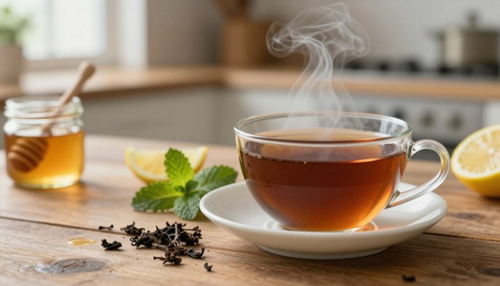 A close-up of a steaming cup of rich black tea on a rustic wooden table, surrounded by loose black tea leaves and a small honey jar. In the foreground, focus on the delicate porcelain teacup, with steam rising gently, highlighting its warmth. In the middle, place a few sprigs of fresh mint or lemon slices to suggest a hint of flavor. The background features a softly blurred view of a cozy kitchen setting, illuminated by warm, natural light coming through a nearby window, creating an inviting atmosphere. The overall mood should feel calming and nurturing, evoking the comfort of a warm beverage during pregnancy, with an emphasis on safety and well-being. A close-up of a steaming cup of rich black tea on a rustic wooden table, surrounded by loose black tea leaves and a small honey jar. In the foreground, focus on the delicate porcelain teacup, with steam rising gently, highlighting its warmth. In the middle, place a few sprigs of fresh mint or lemon slices to suggest a hint of flavor. The background features a softly blurred view of a cozy kitchen setting, illuminated by warm, natural light coming through a nearby window, creating an inviting atmosphere. The overall mood should feel calming and nurturing, evoking the comfort of a warm beverage during pregnancy, with an emphasis on safety and well-being.