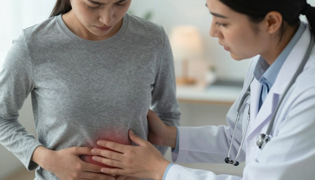 A close-up of an empathetic healthcare professional examining a patient, who is wearing professional business attire, experiencing discomfort in their left rib area. The doctor's expression conveys concern and attentiveness, highlighting the connection between stress and bodily symptoms. The background features a calming medical office with soft, ambient lighting, enhancing a serene atmosphere. A gentle focus on the patient's midsection illustrates the specific pain point, while the healthcare professional is positioned slightly to the right. The image is captured from a slightly overhead angle to emphasize the interaction. Shadows and lighting should be soft to create a reassuring mood, reflecting the theme of addressing health concerns related to stress and tension.