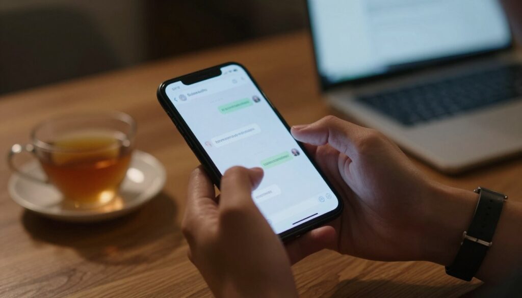 A close-up scene of a person holding a smartphone with a blurred image of a message indicating infidelity. In the foreground, we see a pair of hands, one trembling slightly, wearing a simple but professional wristwatch. In the middle, the focus shifts to the smartphone, showing a chat app screen with vague, unsettling texts. The background reveals a dimly lit room, suggesting an emotional atmosphere, with soft shadows cast on a cup of tea and a laptop, symbolizing the everyday life that may hide deeper issues. The lighting is warm yet moody, highlighting the tension. The overall mood is one of suspicion and unease, capturing the essence of betrayal-related evidence meticulously.