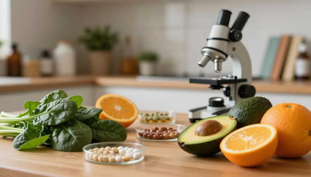 A close-up shot of various nutrient-rich foods symbolizing nutritional deficiencies, arranged aesthetically on a wooden kitchen table. The foreground features vibrant fruits and vegetables such as spinach, avocados, and oranges, with some broken open to show inner textures, reflecting the importance of vitamins. In the middle, there are scientific elements like a microscope and petri dishes, subtly suggesting research and analysis of nutrient levels. The background includes softly blurred shelves filled with herbal supplements and medical books, conveying a sense of exploration and knowledge. The lighting is warm and inviting, creating a calm atmosphere, focused on health and well-being, with a shallow depth of field to emphasize the foreground. The overall mood is informative and introspective, suitable for understanding the impact of nutritional deficiencies.