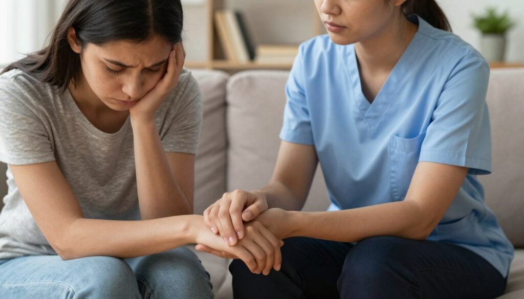 A close-up view of a concerned friend sitting on a couch, gently holding the hand of a visibly sad person who is looking down. The friend is wearing a professional yet caring outfit, showing empathy and support. The setting is a cozy, softly lit living room with warm colors, suggesting a safe space for vulnerability. In the background, there are soft shadows and a few personal items, like books and a plant, creating a homely atmosphere. The overall mood is serious yet hopeful, capturing the essence of recognizing signs of depression and the importance of connection. The focus is on the interaction and emotional support, with a shallow depth of field to emphasize the subjects. A close-up view of a concerned friend sitting on a couch, gently holding the hand of a visibly sad person who is looking down. The friend is wearing a professional yet caring outfit, showing empathy and support. The setting is a cozy, softly lit living room with warm colors, suggesting a safe space for vulnerability. In the background, there are soft shadows and a few personal items, like books and a plant, creating a homely atmosphere. The overall mood is serious yet hopeful, capturing the essence of recognizing signs of depression and the importance of connection. The focus is on the interaction and emotional support, with a shallow depth of field to emphasize the subjects.