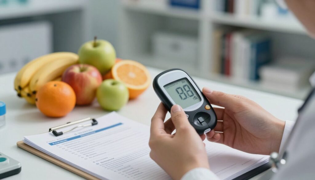 A close-up view of a modern laboratory setting, featuring a sleek glucose meter displaying elevated blood sugar levels. In the foreground, there are hands of a healthcare professional in professional attire, carefully holding the meter. In the middle, a small table is filled with medical charts and vibrant colorful fruits, symbolizing healthy diet choices amidst stress. The background showcases a softly lit environment with bookshelves lined with medical literature, adding to the scientific atmosphere. The lighting is warm, evoking a sense of research and discovery, and the overall mood is focused yet slightly tense, conveying the impact of stress on metabolism. The composition emphasizes the importance of monitoring glucose levels during periods of heightened stress. A close-up view of a modern laboratory setting, featuring a sleek glucose meter displaying elevated blood sugar levels. In the foreground, there are hands of a healthcare professional in professional attire, carefully holding the meter. In the middle, a small table is filled with medical charts and vibrant colorful fruits, symbolizing healthy diet choices amidst stress. The background showcases a softly lit environment with bookshelves lined with medical literature, adding to the scientific atmosphere. The lighting is warm, evoking a sense of research and discovery, and the overall mood is focused yet slightly tense, conveying the impact of stress on metabolism. The composition emphasizes the importance of monitoring glucose levels during periods of heightened stress.