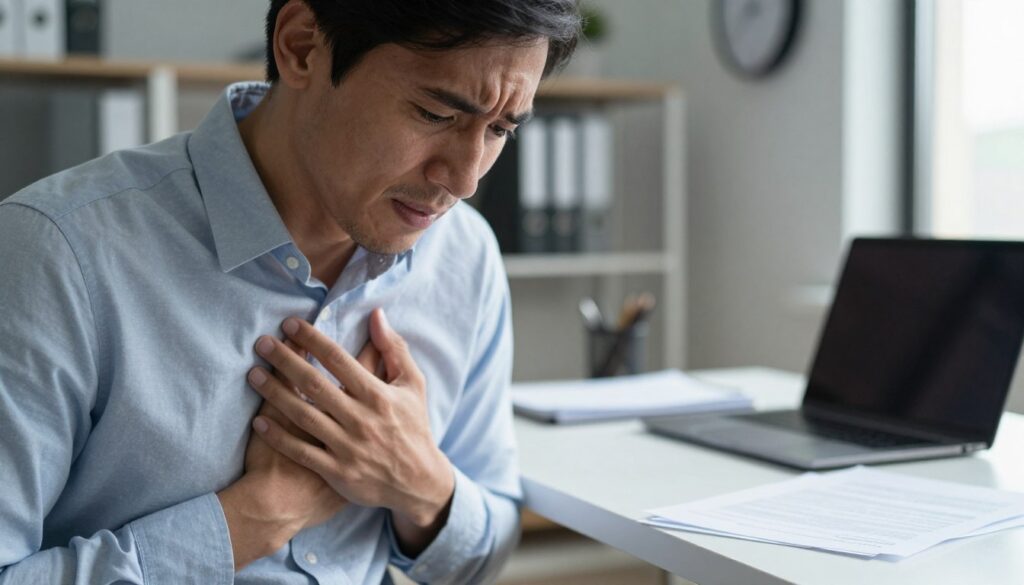 A close-up view of a professional person in a business setting, appearing visibly distressed due to somatic symptoms of acute stress response. The foreground features the subject with a worried expression, clutching their chest, hands trembling slightly. In the middle ground, a desk with scattered papers and an open laptop shows signs of work pressure. The background includes blurred office elements like shelves and a clock ticking, indicating urgency. Soft, natural lighting streams from a nearby window, creating a contrast of shadows that highlights the subject's features. The overall mood is tense and anxious, conveying the seriousness of the symptoms while maintaining a professional atmosphere.