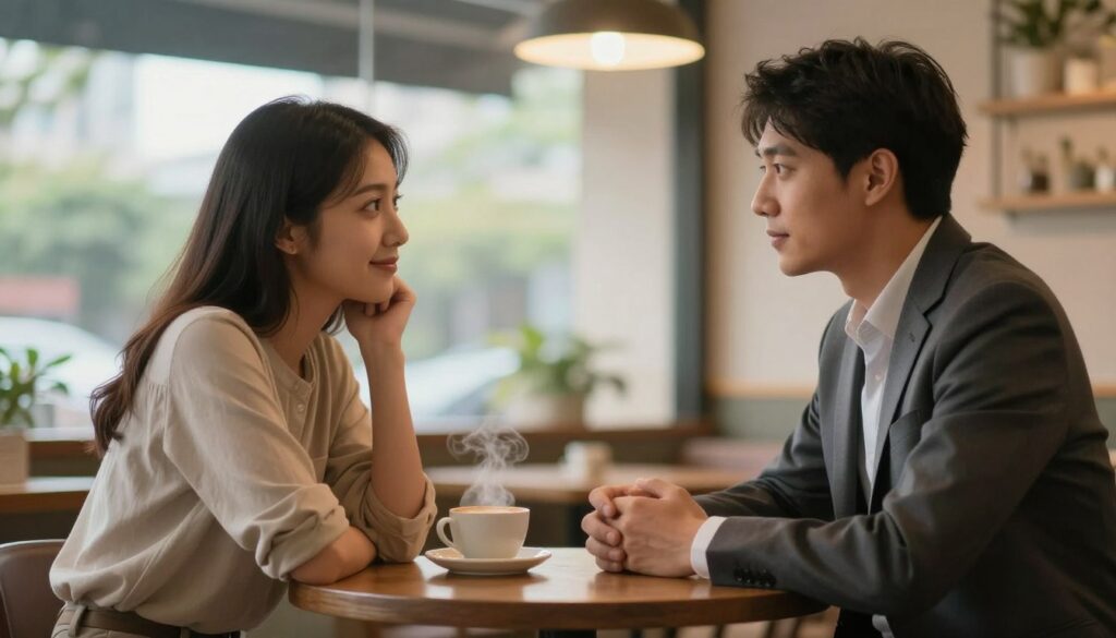A comforting scene depicting two individuals engaged in a heartfelt conversation, emphasizing empathy and support. In the foreground, a woman in modest casual clothing sits at a cozy café table, leaning slightly forward with a warm, understanding expression. Across from her, a man in professional business attire looks attentive, his body language open and inviting. The middle ground showcases a softly lit ambiance created by warm overhead lights, with a steaming cup of coffee resting on the table, symbolizing warmth and care. In the background, blurred images of gentle greenery and soft clouds outside a window create a serene atmosphere. The overall mood is one of warmth, compassion, and connection, effectively illustrating the importance of supportive dialogues in difficult times.