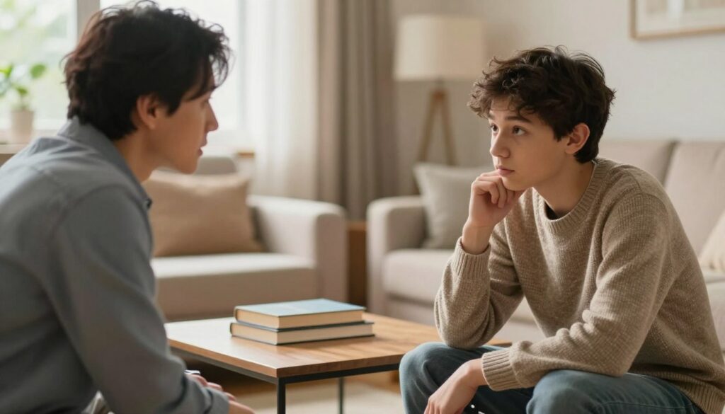 A compassionate scene illustrating a calm conversation between a caring adult and a teenage boy in a cozy, softly lit room. In the foreground, the adult, wearing modest casual clothing, leans slightly forward, showing genuine interest, while the teenager, dressed in a comfortable sweater, looks thoughtful yet open, seated nearby. In the middle, a small coffee table is adorned with a few books, symbolizing open communication and understanding. The background depicts warm, inviting colors with natural light filtering through a window, creating a serene atmosphere. The mood conveys empathy and support, encouraging connection without judgment, emphasizing the importance of active listening and emotional presence in the conversation. The angle captures the interaction closely, highlighting the expressions of both individuals.